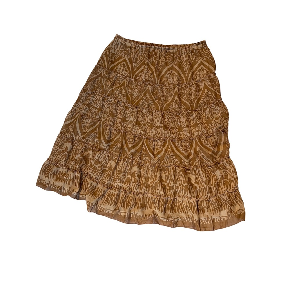 Midi Skirt Tiered Boho Ashley Stewart Womens 18/20 Brown Damask Print Elastic